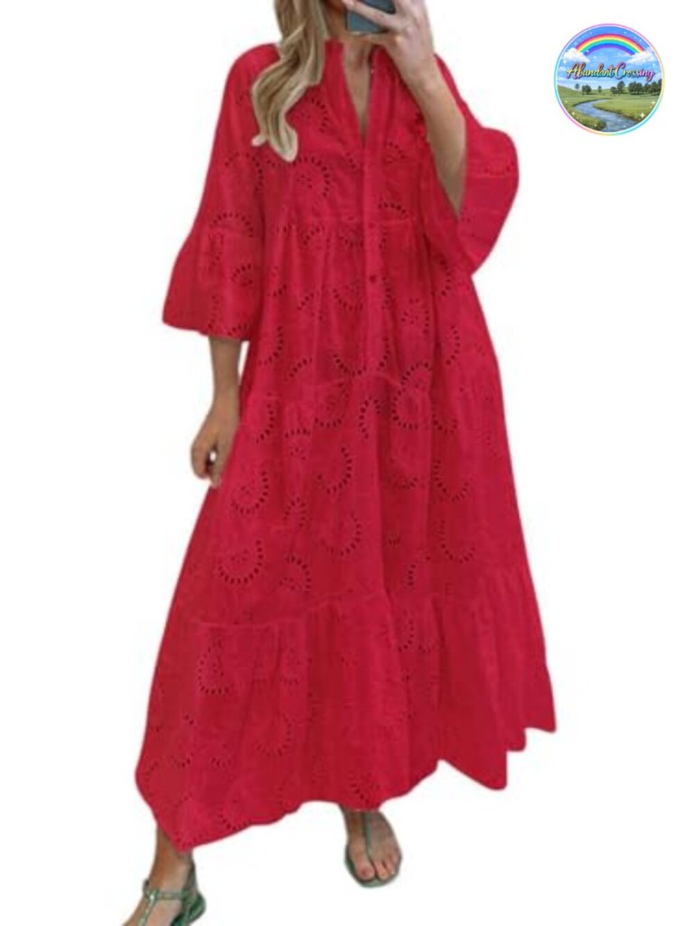 Lace Eyelet Embroidery Maxi Dress V-Neck Trumpet Sleeve Boho Flowy Swing